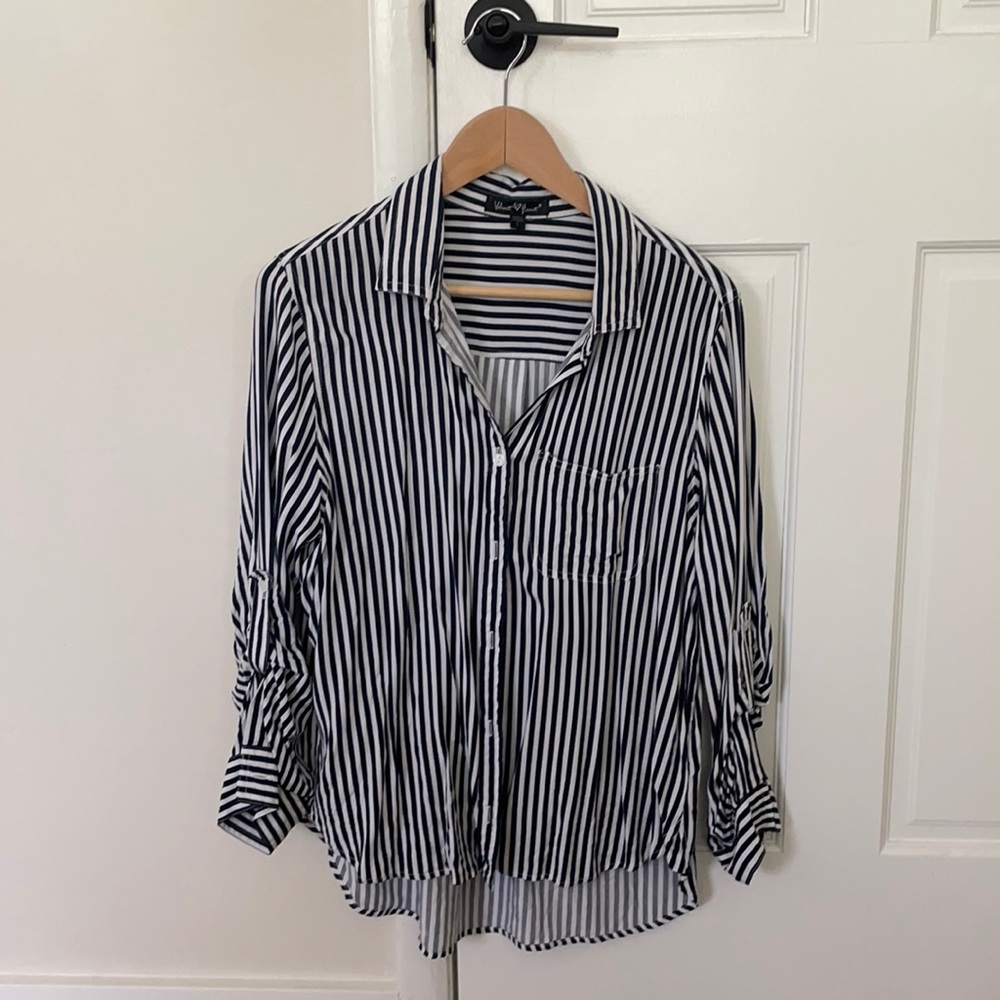 Navy and white striped blouse. Size L